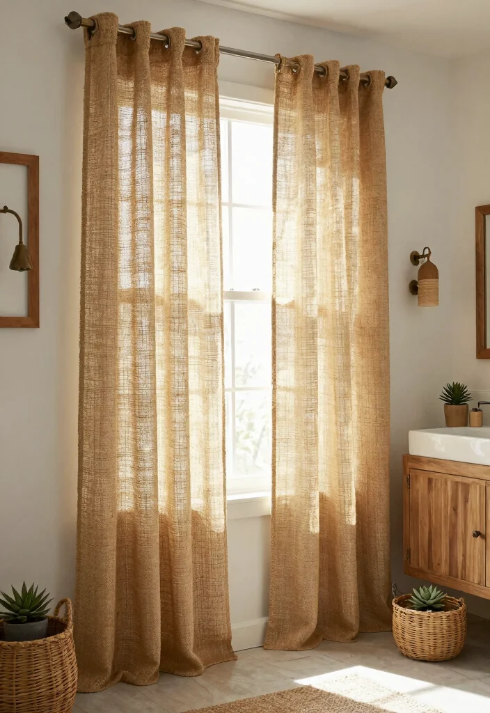 10 Bathroom Window Curtain Ideas for Privacy with Daylight 3. Rustic Charm with Burlap Curtains 0