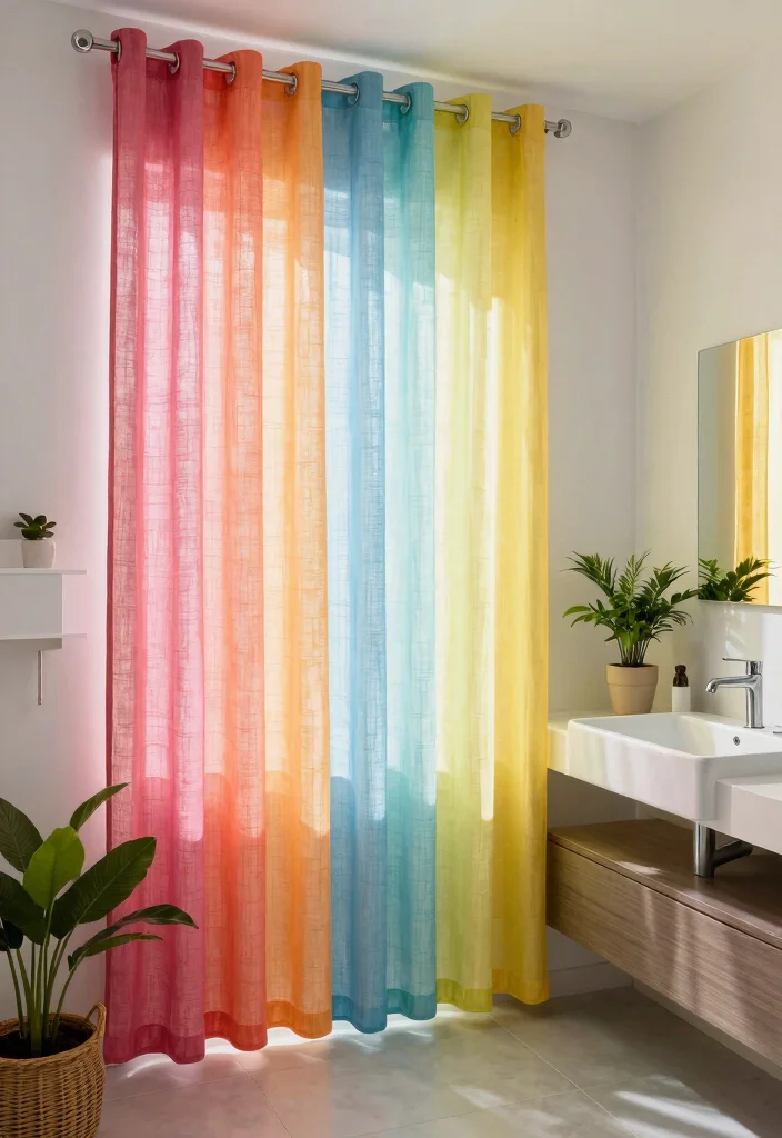 10 Bathroom Window Curtain Ideas for Privacy with Daylight 4. Colorful Linen for a Bright Touch 0