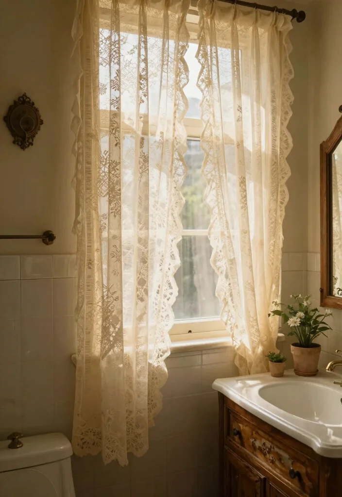 10 Bathroom Window Curtain Ideas for Privacy with Daylight 7. Vintage Lace for a Touch of Romance 0
