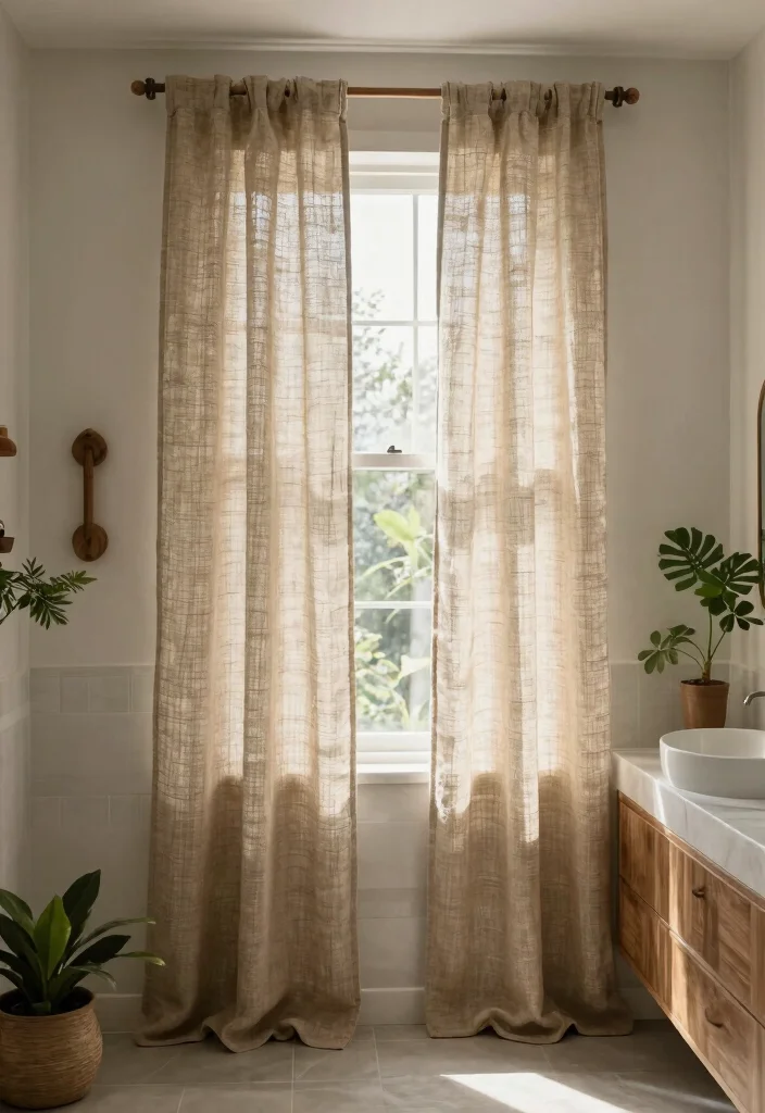 10 Bathroom Window Curtain Ideas for Privacy with Daylight 9. Earthy Hemp Curtains for a Natural Touch 0