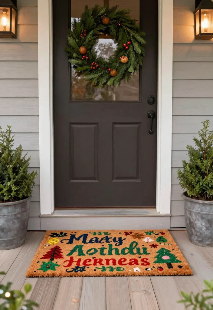 10 Christmas Front Porch Ideas for Festive First Impressions 13 10 Christmas Front Porch Ideas for Festive First Impressions 3. Festive Door Mat with Seasonal Greetings 0