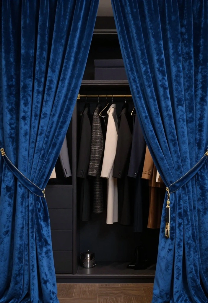 10 Closet Curtain Ideas for Hidden Storage with Soft Texture 3. Velvet Elegance 0