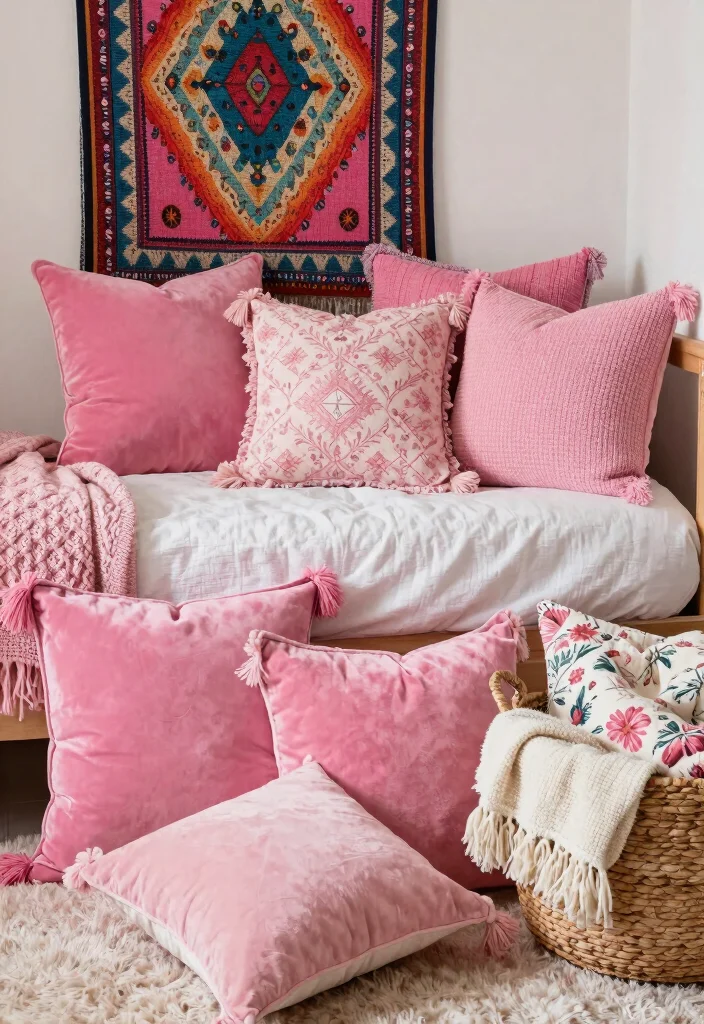 10 Dorm Room Ideas Pink with Soft Warm Touches 2. Cozy Throw Pillows 0
