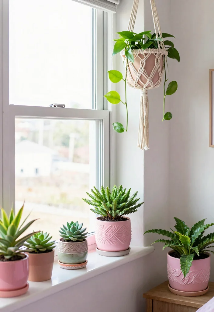 10 Dorm Room Ideas Pink with Soft Warm Touches 8. Indoor Plants for Freshness 0