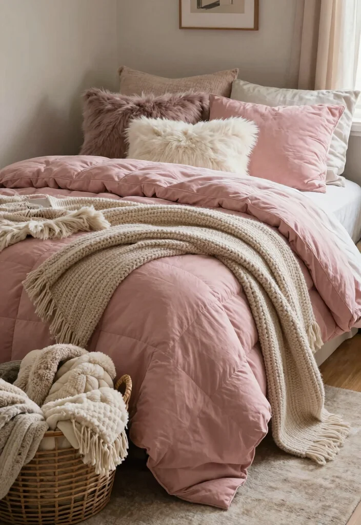 10 Dorm Room Ideas Pink with Soft Warm Touches 9. Cozy Bed Accessories 0