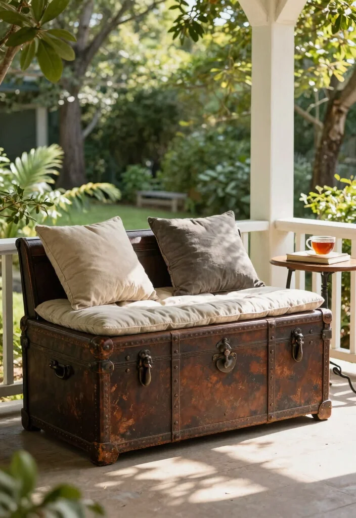 10 Front Porch Bench Ideas for Seating and Storage 2. Vintage Trunk Bench 0