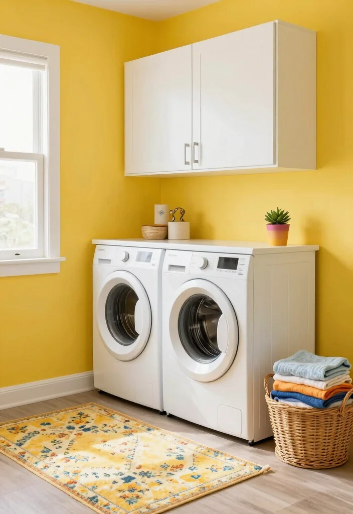 10 Laundry Room Color Ideas to Brighten Small Rooms 1. Bold Sunshine Yellow 0