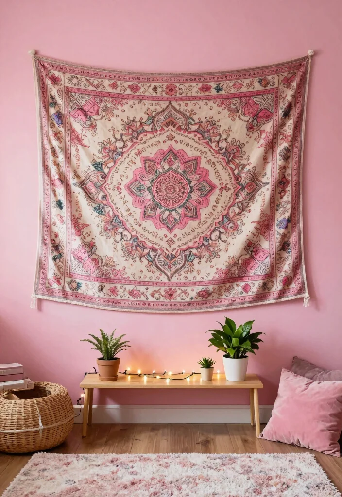 10 Pink Dorm Room Ideas with Soft Cozy Aesthetic 2. Boho Wall Tapestries 0