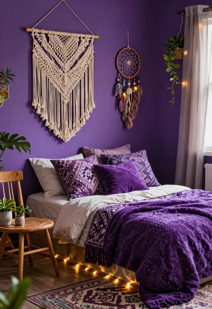 10 Purple Dorm Room Ideas with Dreamy Personality 2. Bohemian Chic 0