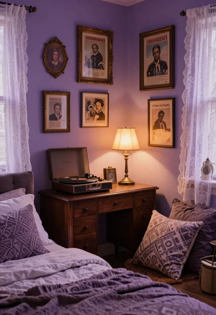10 Purple Dorm Room Ideas with Dreamy Personality 4. Vintage Vibes 0