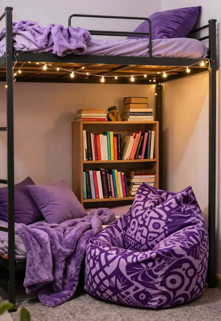 10 Purple Dorm Room Ideas with Dreamy Personality 6. Cozy Nook 0