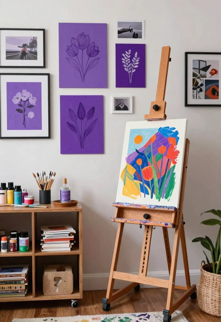 10 Purple Dorm Room Ideas with Dreamy Personality 7. Artistic Flair 0