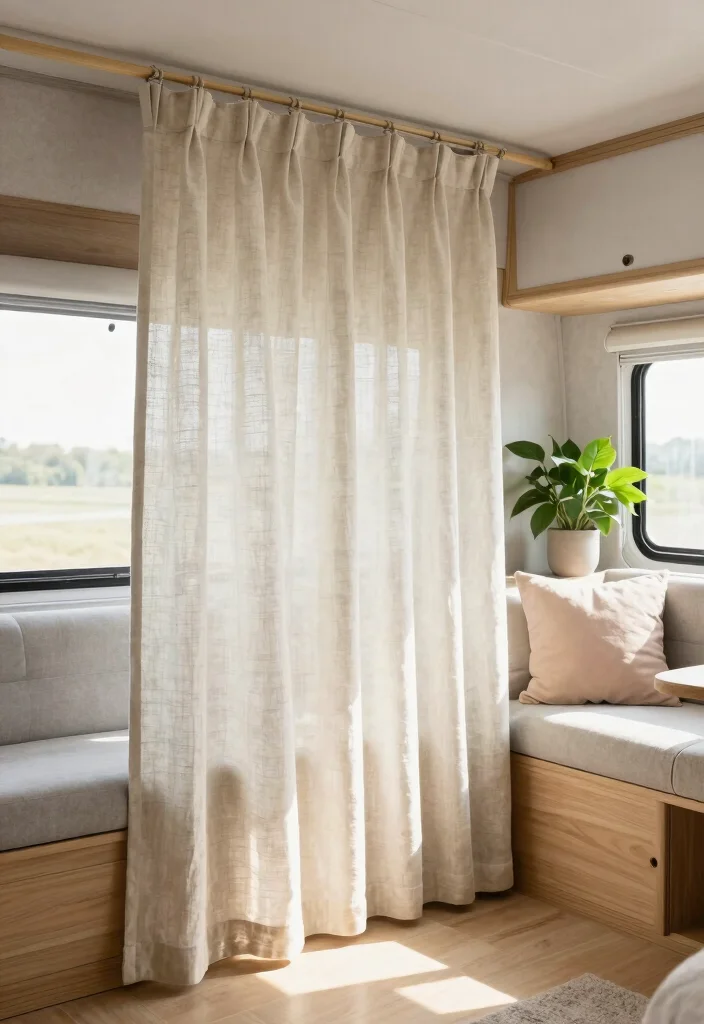 10 RV Curtain Ideas for Privacy Comfort and Easy Style 1. Light and Airy Linen Curtains 0