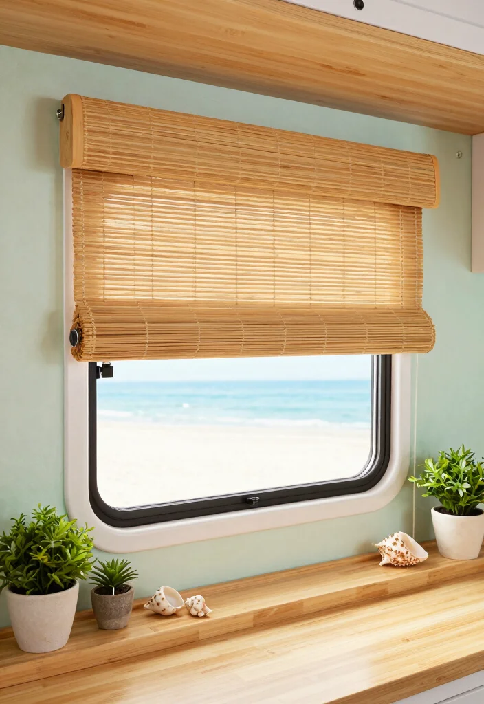 10 RV Curtain Ideas for Privacy Comfort and Easy Style 2. Eco Friendly Bamboo Shades 0