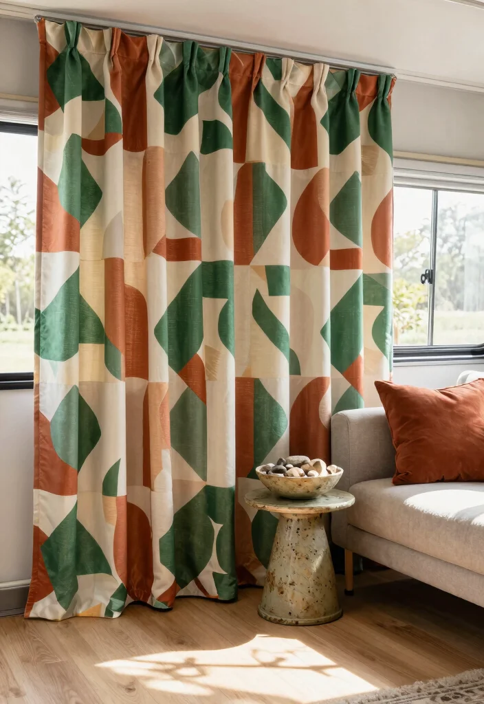10 RV Curtain Ideas for Privacy Comfort and Easy Style 3. Bold Geometric Patterns 0