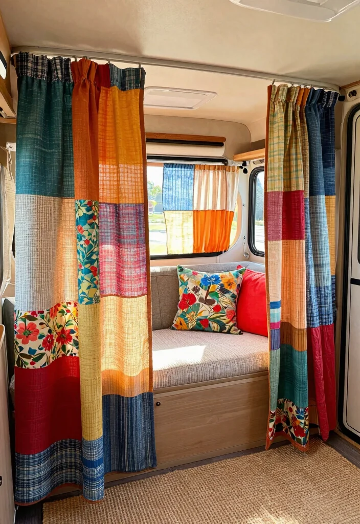 10 RV Curtain Ideas for Privacy Comfort and Easy Style 4. Recycled Fabric Panels 0