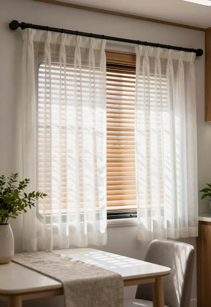 10 RV Curtain Ideas for Privacy Comfort and Easy Style 6. Sheer Curtains Layered with Blinds 0