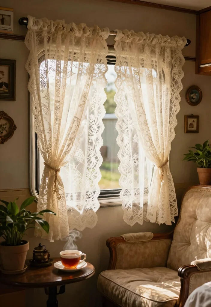 10 RV Curtain Ideas for Privacy Comfort and Easy Style 7. Vintage Lace for a Touch of Elegance 0