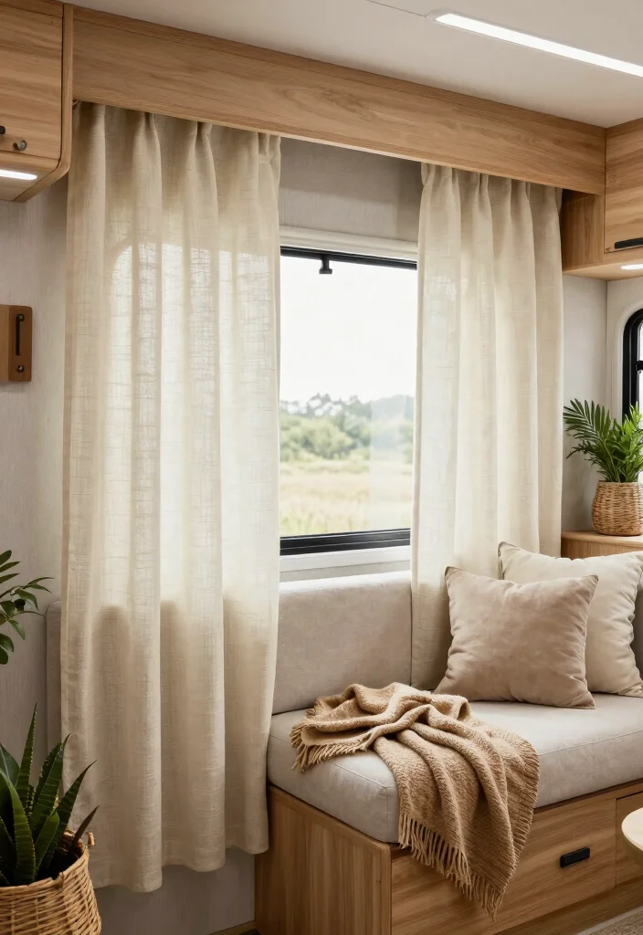 10 RV Curtain Ideas for Privacy Comfort and Easy Style 8. Natural Textured Fabrics 0