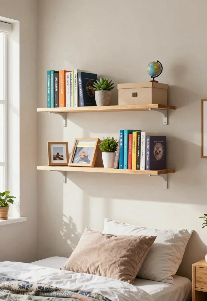 10 Single Dorm Room Ideas for Simple Organized Living 1. Utilize Vertical Space with Wall Mounted Shelves 0