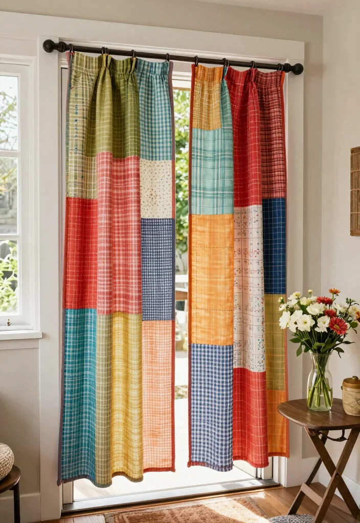 10 Sliding Back Door Curtain Ideas That Feel Light and Functional 3. Upcycled Fabric Panels 0