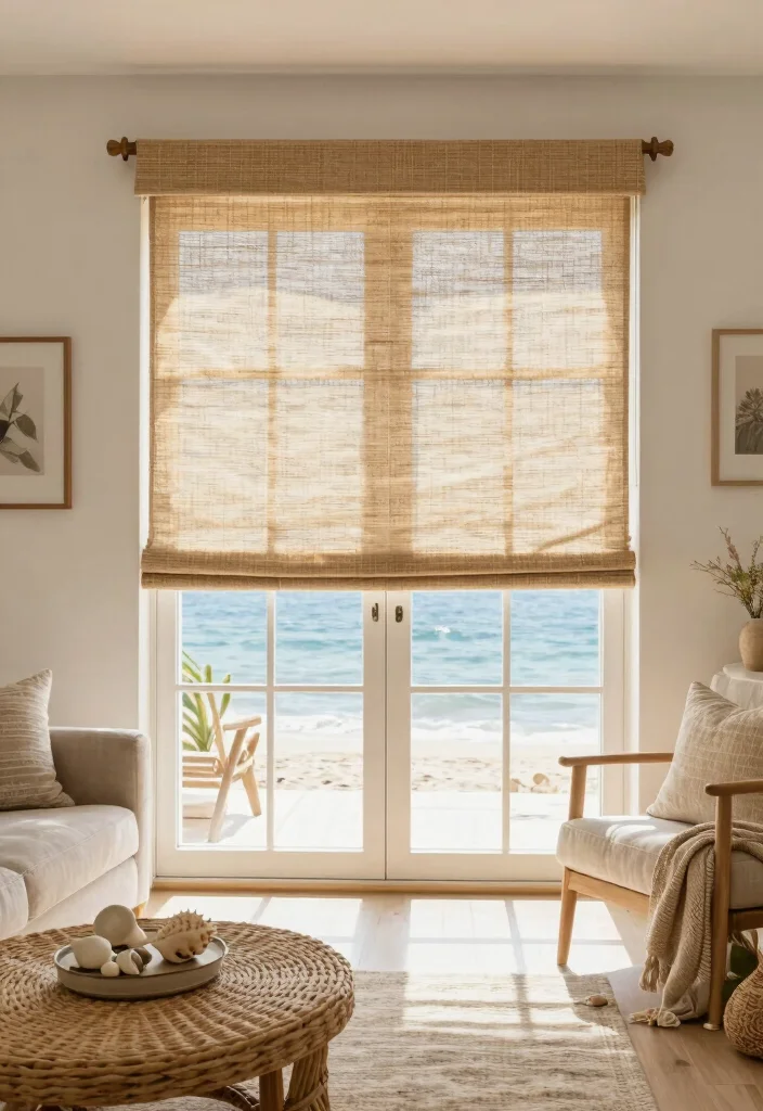 10 Sliding Back Door Curtain Ideas That Feel Light and Functional 5. Natural Jute Blinds 0