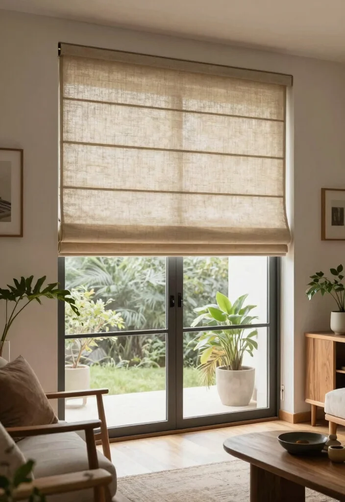 10 Sliding Back Door Curtain Ideas That Feel Light and Functional 7. Eco Friendly Roman Shades 0