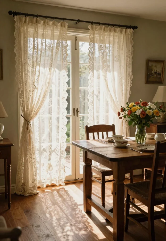 10 Sliding Back Door Curtain Ideas That Feel Light and Functional 9. Vintage Lace Curtains 0