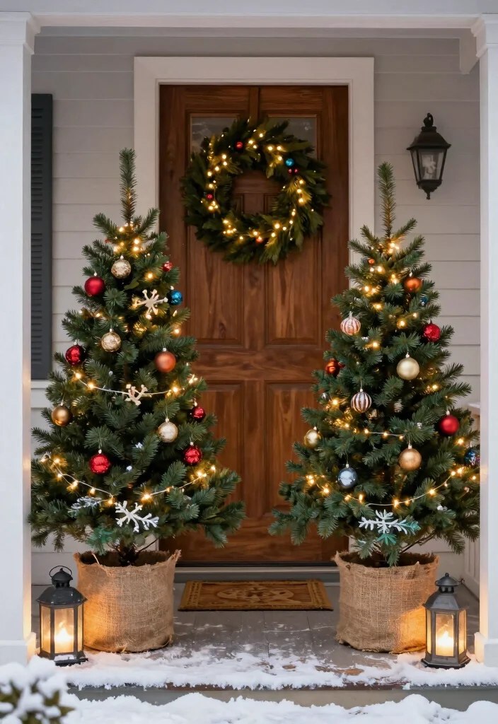 10 Small Front Porch Christmas Decor Ideas That Feel Magical 4. Potted Christmas Trees 0