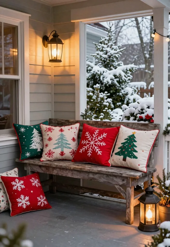 10 Small Front Porch Christmas Decor Ideas That Feel Magical 9. Holiday Pillows 0