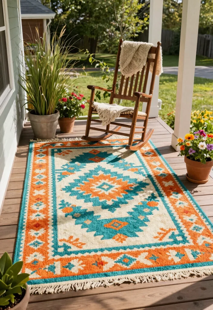 10 Small Front Porch Decorating Ideas with Big Visual Impact 3. Layered Textures with Rugs 0
