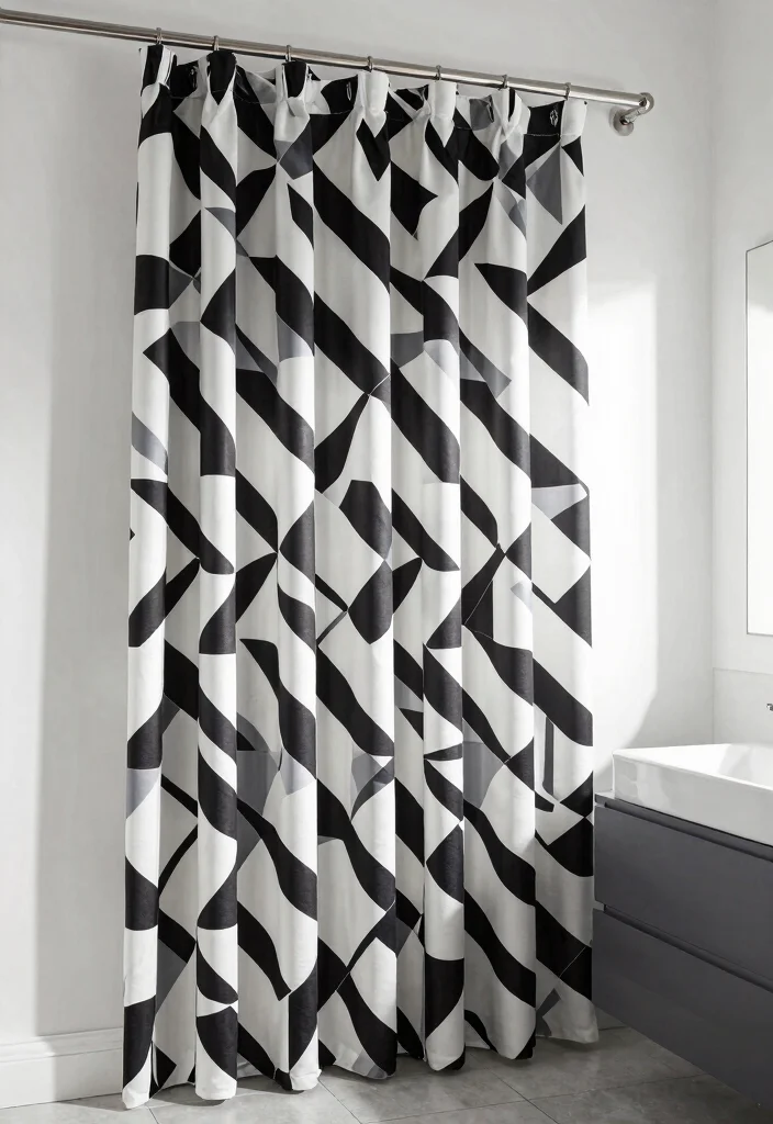 12 Bathroom Curtain Ideas That Feel Fresh Clean and Relaxing 10. Geometric Shapes 0