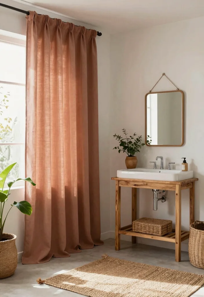12 Bathroom Curtain Ideas That Feel Fresh Clean and Relaxing 4. Soft Drapery with a Boho Touch 0