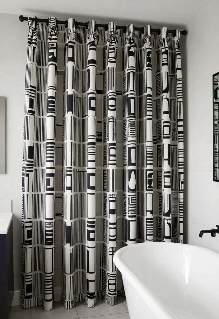 12 Bathroom Curtain Ideas That Feel Fresh Clean and Relaxing 6. Monochrome Magic 0