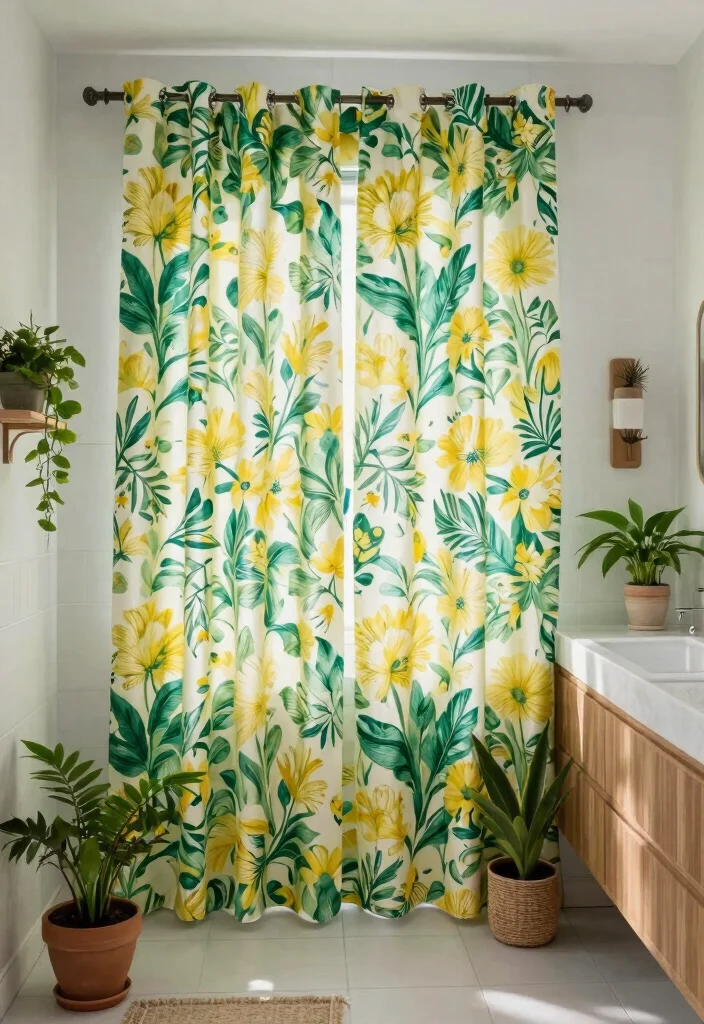 12 Bathroom Curtain Ideas That Feel Fresh Clean and Relaxing 7. Nature Inspired Prints 0
