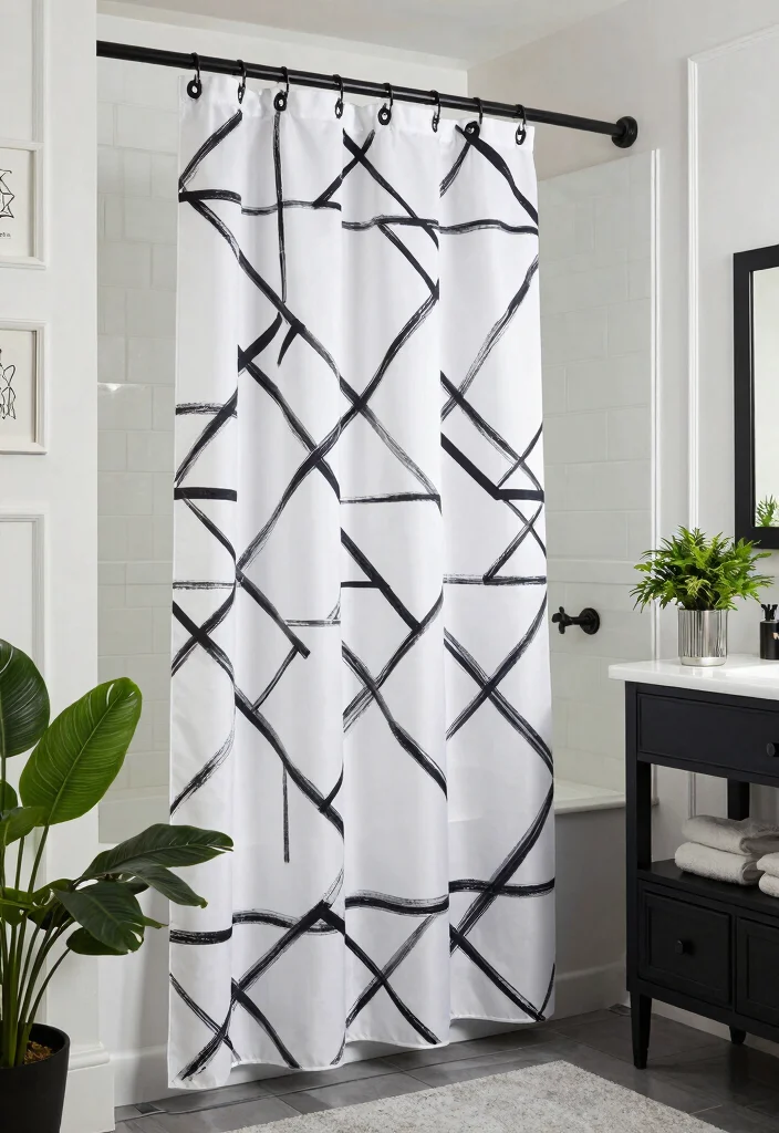12 Bathroom Shower Curtain Ideas with Hotel Inspired Vibes 1. Elegant White with Black Accents 0