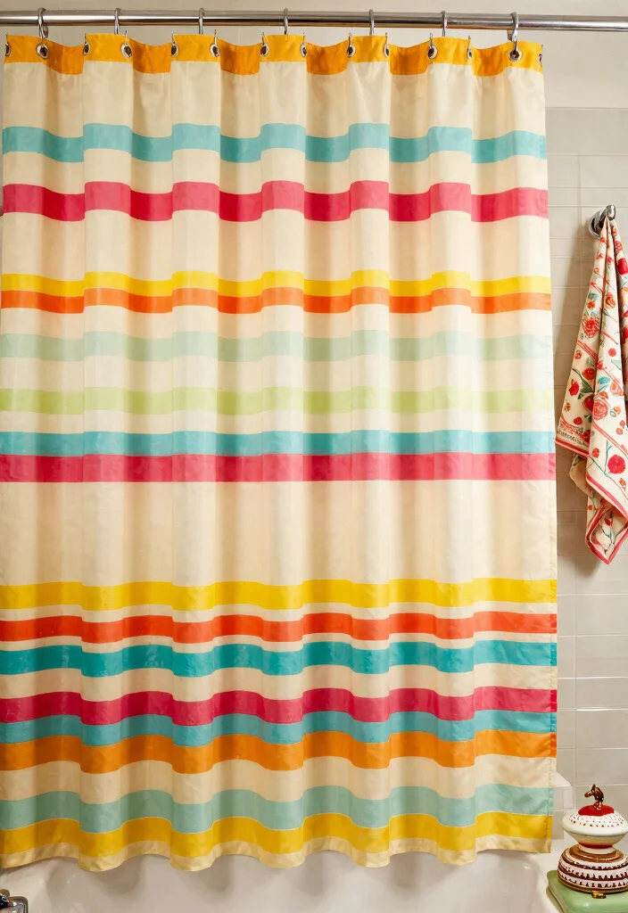 12 Bathroom Shower Curtain Ideas with Hotel Inspired Vibes 11. Retro Style with Bold Stripes 0