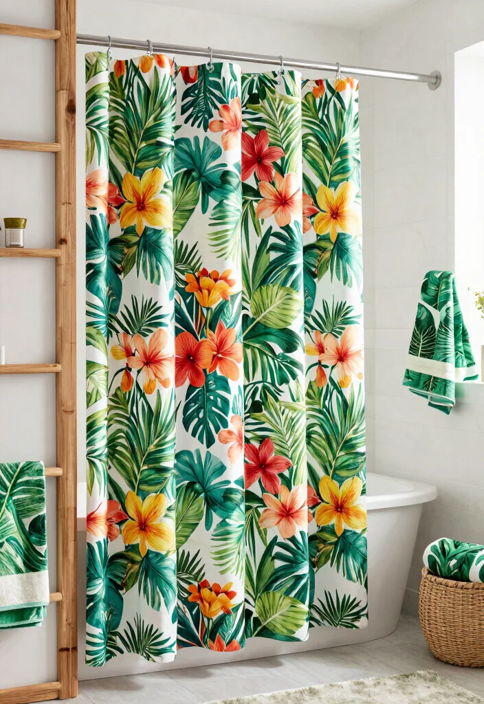 12 Bathroom Shower Curtain Ideas with Hotel Inspired Vibes 2. Tropical Vibes with Vibrant Colors 0