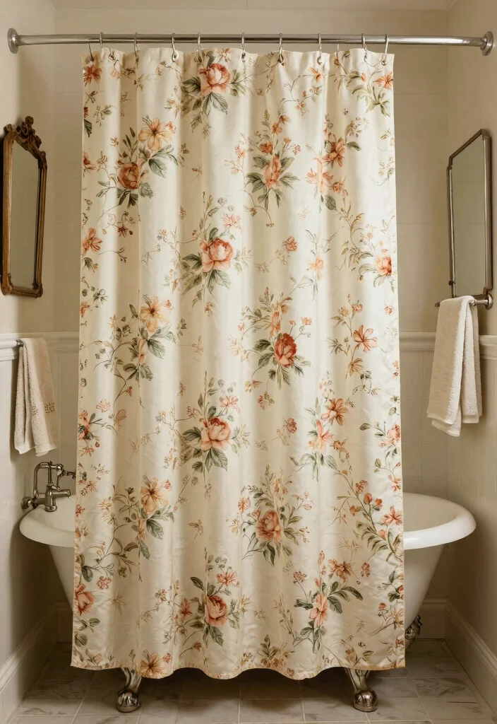 12 Bathroom Shower Curtain Ideas with Hotel Inspired Vibes 6. Vintage Charm with Floral Patterns 0