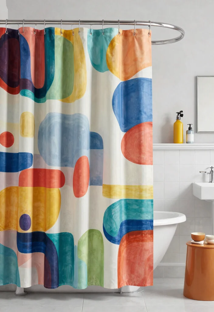 12 Bathroom Shower Curtain Ideas with Hotel Inspired Vibes 8. Artistic Flair with Custom Prints 0
