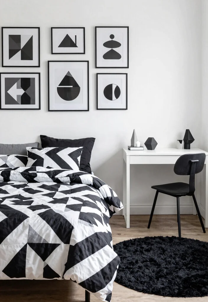 12 Black and White Dorm Room Ideas with Modern Contrast 1. Geometric Patterns 0