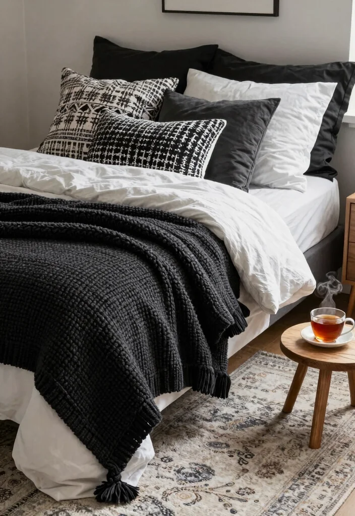 12 Black and White Dorm Room Ideas with Modern Contrast 4. Cozy Textiles 0
