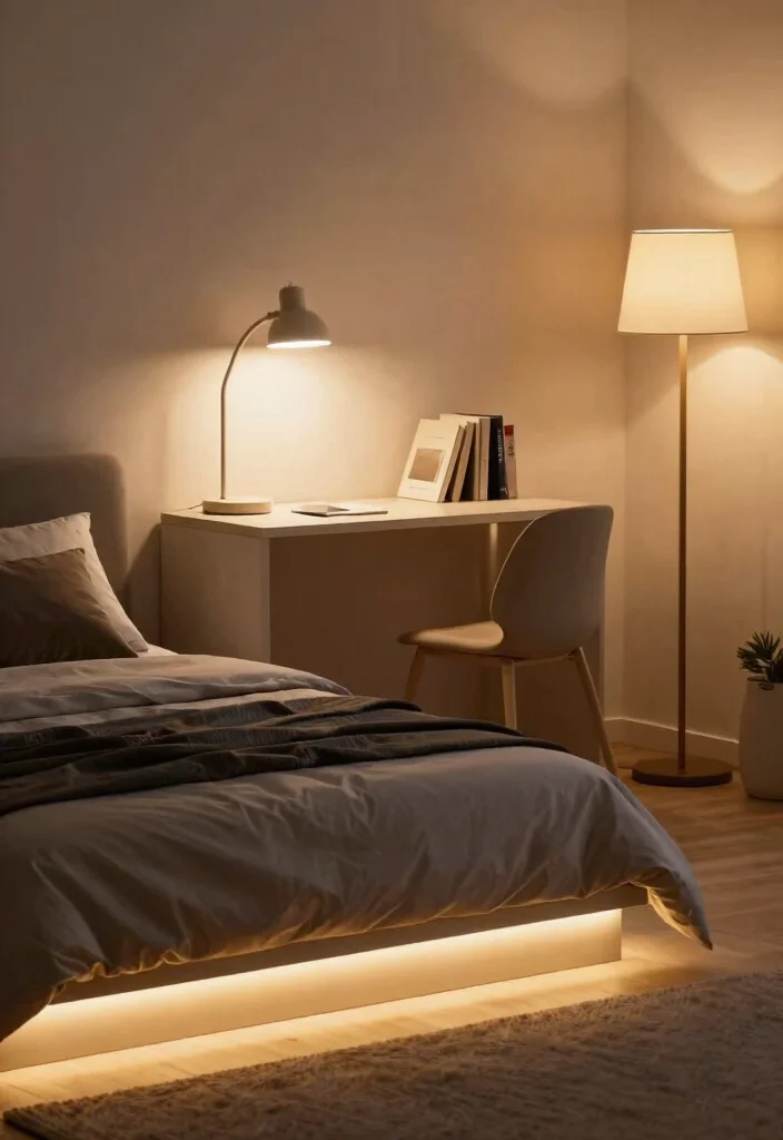 12 Dorm Room Ideas for Guys with Clean Simple Style 4. Smart Lighting Solutions 0