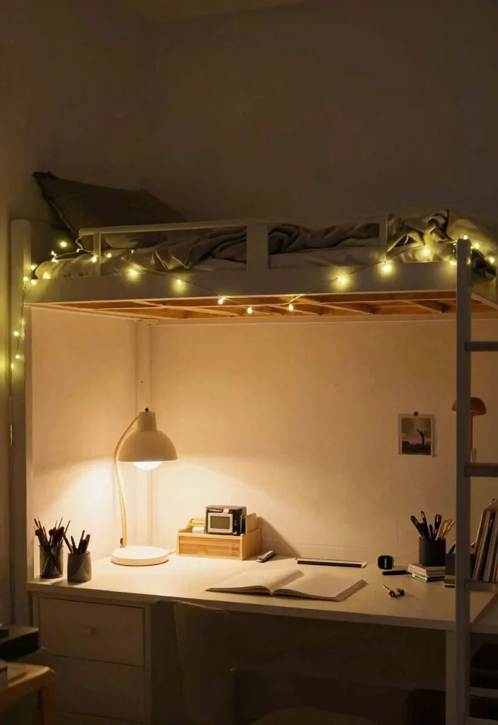 12 Dorm Room Ideas with Lofted Beds for More Floor Space 7. Incorporate Mood Lighting 0