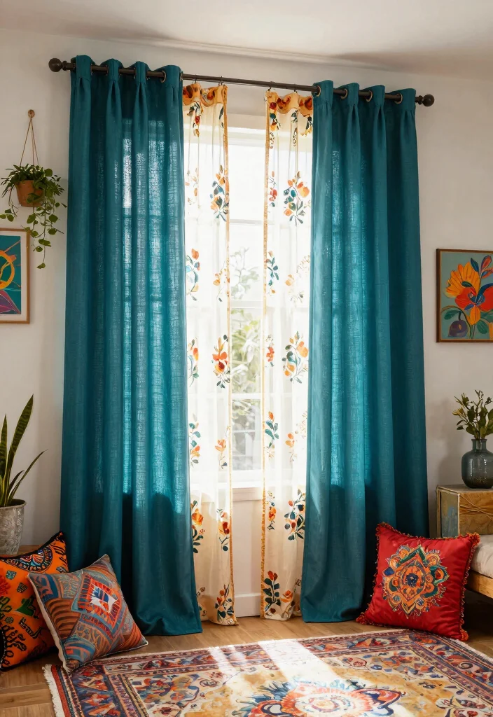 12 Double Curtain Rod Ideas for Layered Light and Privacy Control 2. Eclectic Mix Patterns and Textures 0
