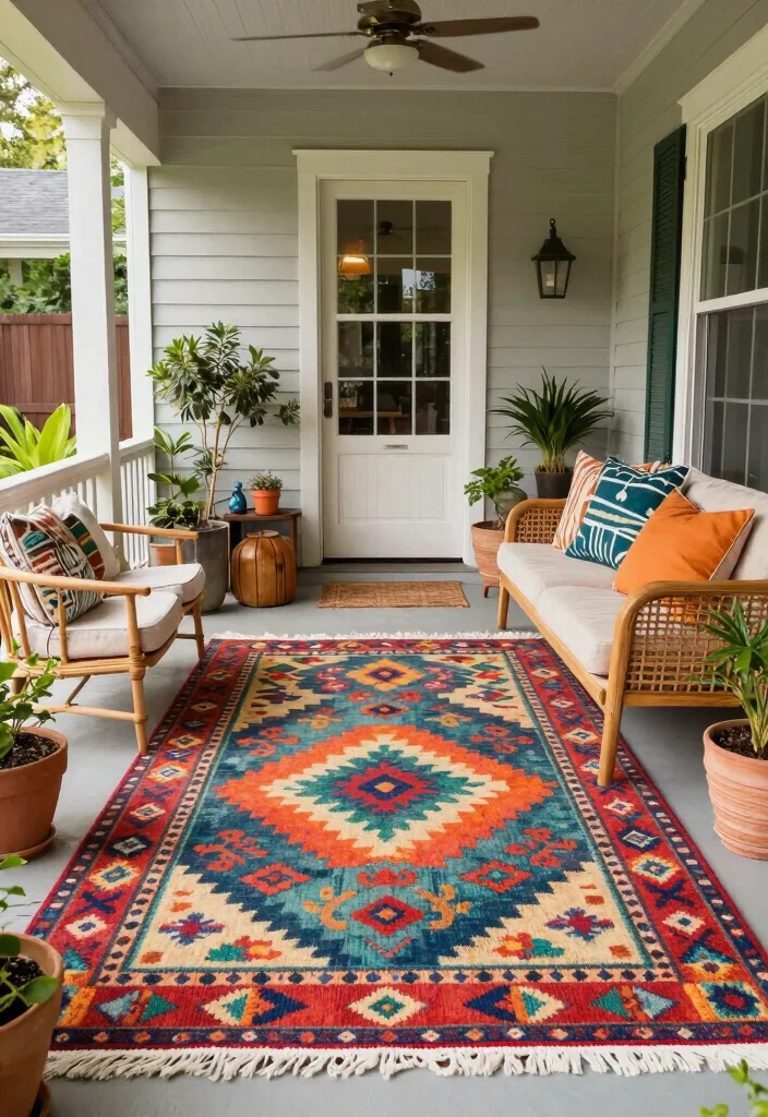 12 Front Porch Furniture Ideas for Comfortable Seating 11. Colorful Patio Rugs 0