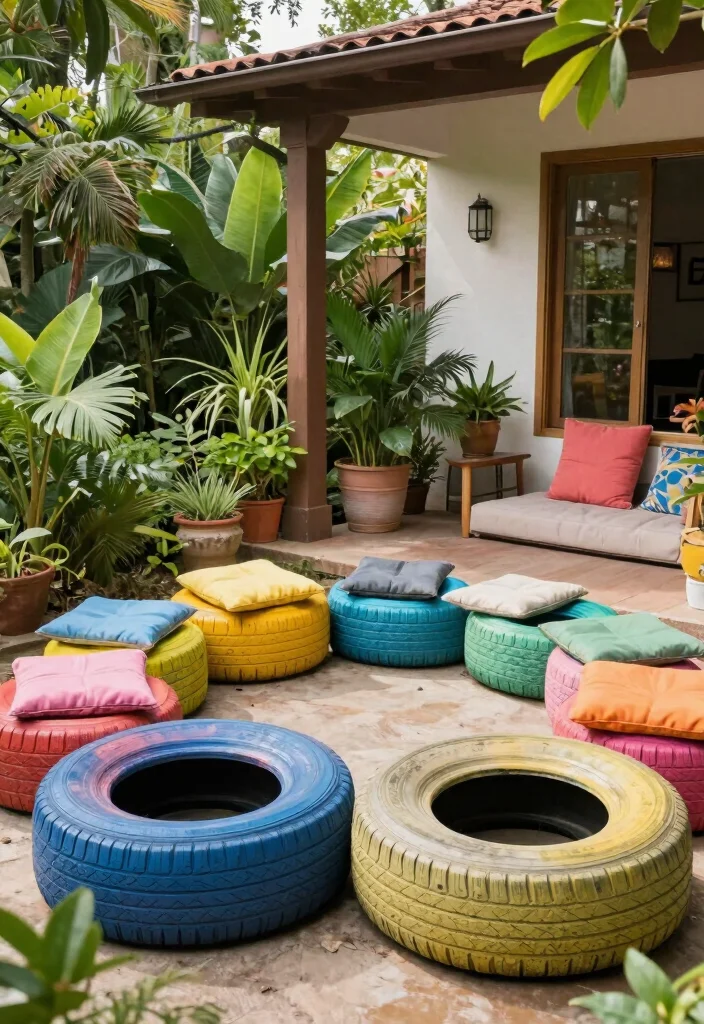 12 Front Porch Seating Ideas for Relaxed Outdoor Moments 7. Upcycled Tire Seating 0