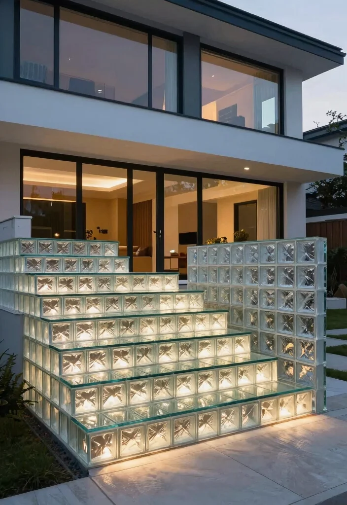 12 Front Porch Steps Ideas Entrance with Polished Look 10. Glass Block Steps for a Contemporary Twist 0