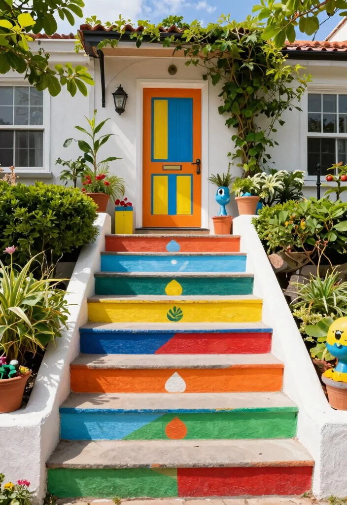 12 Front Porch Steps Ideas Entrance with Polished Look 11. Colorful Painted Stairs with Fun Patterns 0