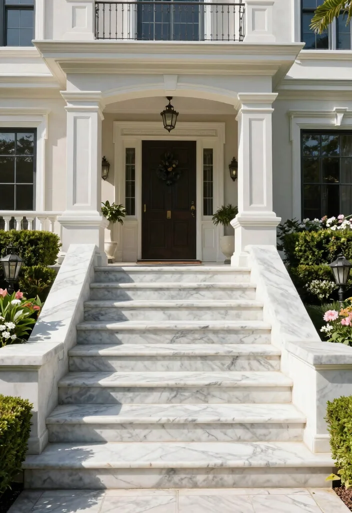 12 Front Porch Steps Ideas Entrance with Polished Look 12. Elegant Marble Steps for Luxury Appeal 0